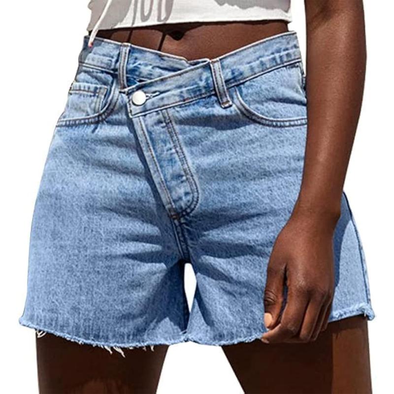 【Creator's Pick】Genleck Women Crossover High Waisted Jeans Shorts Stretchy Casual Denim Shorts Boyfriend Summer Womenswear Streetwear Bottom Fit Ripped Style Chic