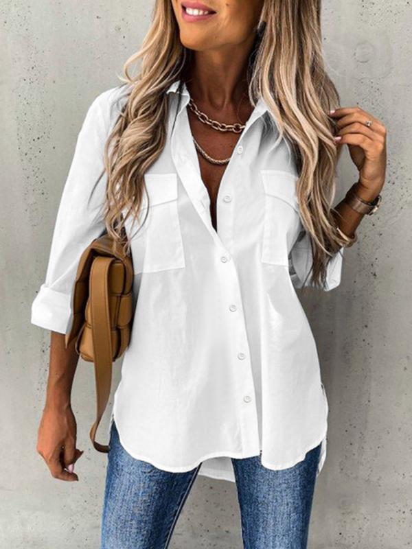 Women's Plain Button Front Pocket Shirt, Casual Long Sleeve Collared Top for Daily Wear, Ladies Clothes for All Seasons, Clothing for Women