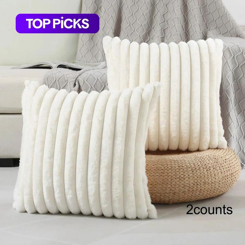 Solid-Color Faux Fur Throw Pillow Cover, 2-Count Soft Comfortable Striped Decorative Cushion Covers without Filler, Household Decoration Supplies for Home Living Room Sofa Couch #GLOBAL PICKS