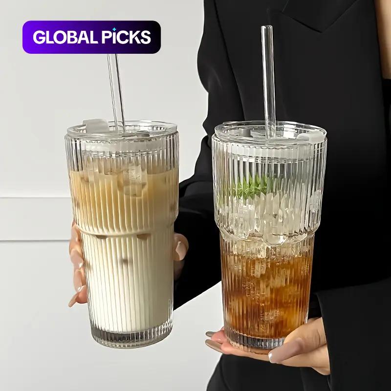 Large-Capacity Clear Striped Glass Tumbler with Lid, Reusable Cold-Drink Cup for Juice or Coffee, Hand-Wash-Only Drinkware for Home, Office, Indoor, Celebrations & Gift