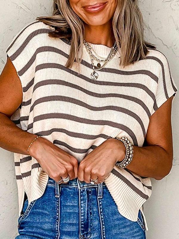 Women's Striped Print Crew Neck Sweater Pullover, Casual Jumper for Summer, Fashion Women's Knitwear for Daily Wear, Women Short Sleeve Summer Tops, Oversized Knit Tops for Women, Womenswear