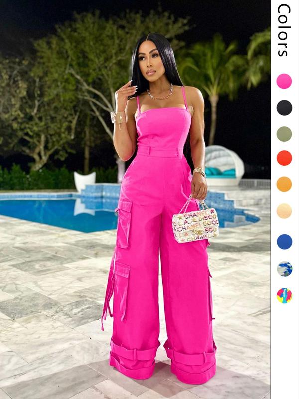 Women's Plain or All-Over Print Multi-Pocket Wide-Leg Cargo Jumpsuit, Casual Backless Spaghetti Strap Sleeveless Cami Jumpsuit with Ribbon Detail, Women's Streetwear, Summer Jumpsuit