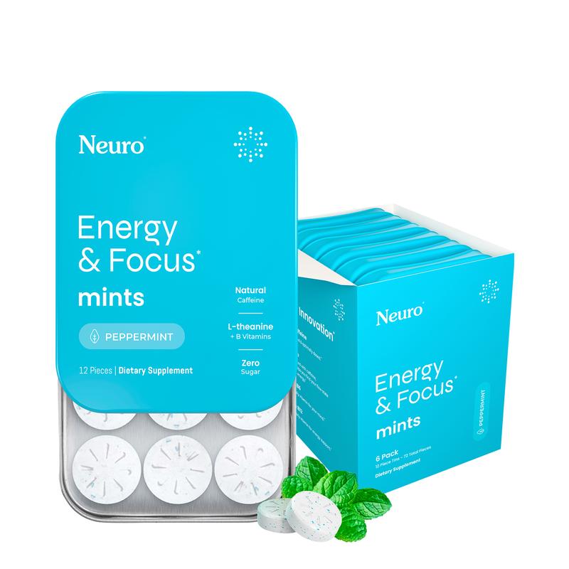 Neuro Peppermint Energy & Focus Mints - Sugar Free with Natural Caffeine, L-theanine, Vitamin B12 & Vitamin B6