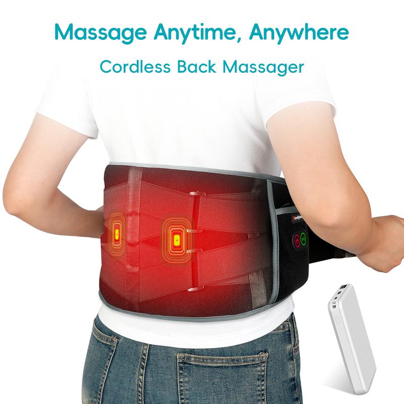 Cordless Back Massager with 3 Heating Levels & 3 Vibration Levels - Up to 58'' Waist Heating Pad for Deep Back Relief - Portable & Adjustable Elastic Strap - 30-Day Guarantee