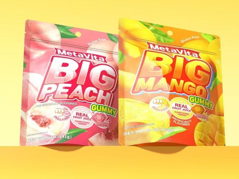 MetaVita Big Mango & Peach Gummy - 5oz (141g) Big Bag, 20 Individually Wrapped Juicy Pieces, Peelable, Chewy, Real Fruit Flavor, Novelty Candy for Kids & Adults, Halloween, Viral Party Gift Snack