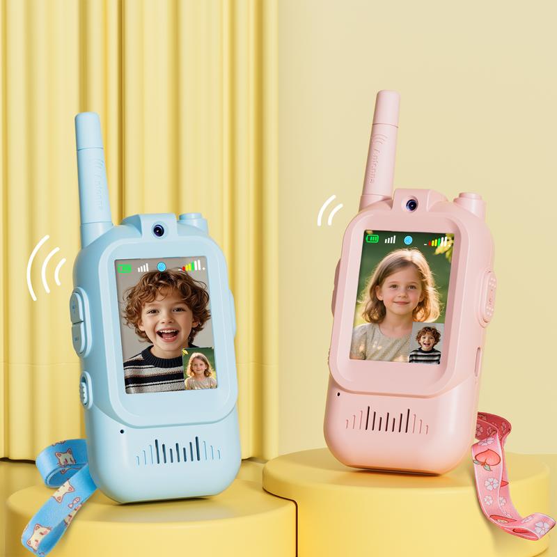 Kids video walkie talkies Set (2-Piece), Rechargeable Long-Range Two-Way Radio Toys, Suitable for Boys and Girls Ages 3-12, Outdoor Adventures, Camping, Hiking, Birthday Gifts, Pink and Blue Dual-Color Design