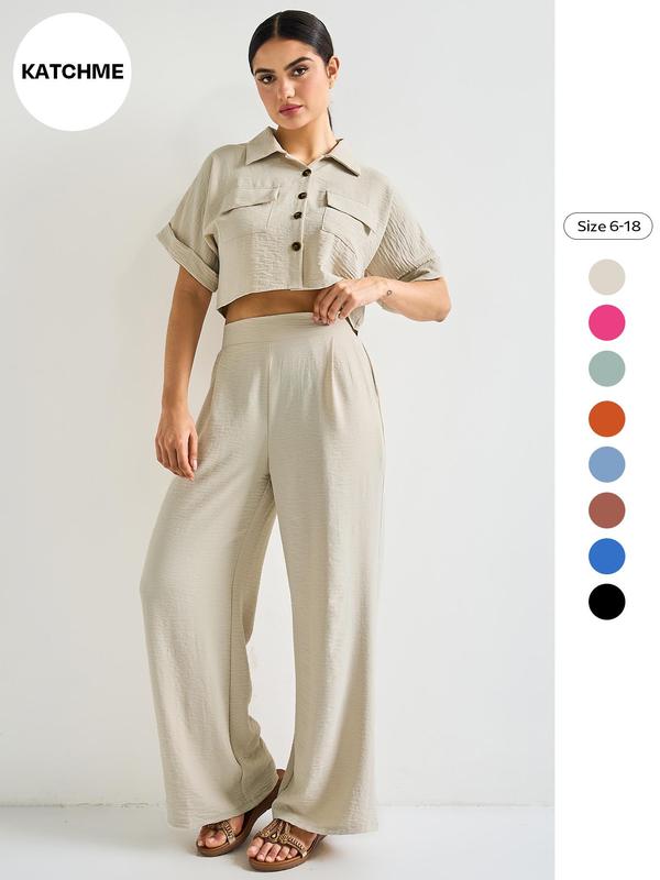 Two-piece Set Women's Solid Pants, Set, Short Sleeve Button Front Crop Blouse & High Waist Pocket Trousers Set, Casual Summer Outfits Clothes Set for Ladies, Womenswear, Two Piece Set Women, Going Out 2 Piece Set, Casual Matching Set