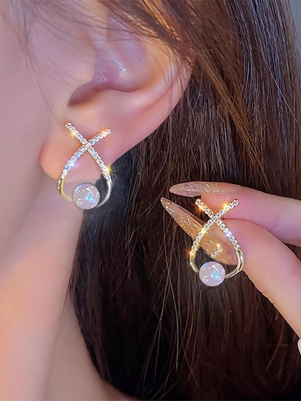 Shiny Trendy Elegant Crossover Earrings, Artificial Diamond and Faux Pearl Embellished Drop Earrings for Women, Dainty Luxury Jewelry, Clean Girl Aesthetic Outfit Accessory for Teen Girl
