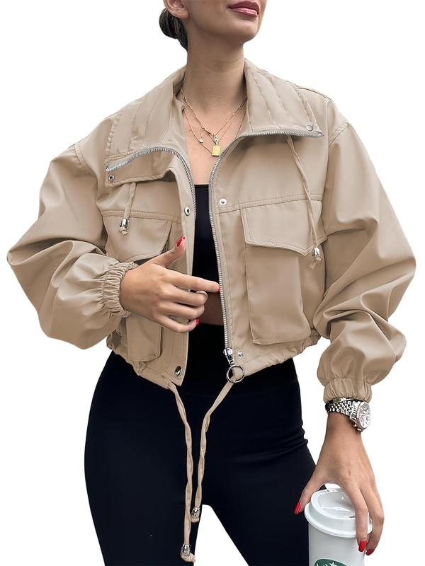 Women's Solid Zip Up Crop Jacket Coats, Casual Fashionable Pocket Lightweight Outerwear, Ladies Womenswear Spring & Fall Clothes