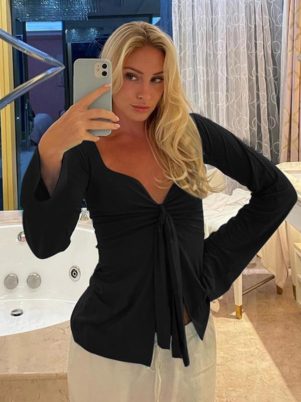 Women's Solid Knot Front Split Hem Tee, Casual Long Sleeve Sweetheart Neck T-Shirt for Fall, Women's Clothing for Daily Wear Top