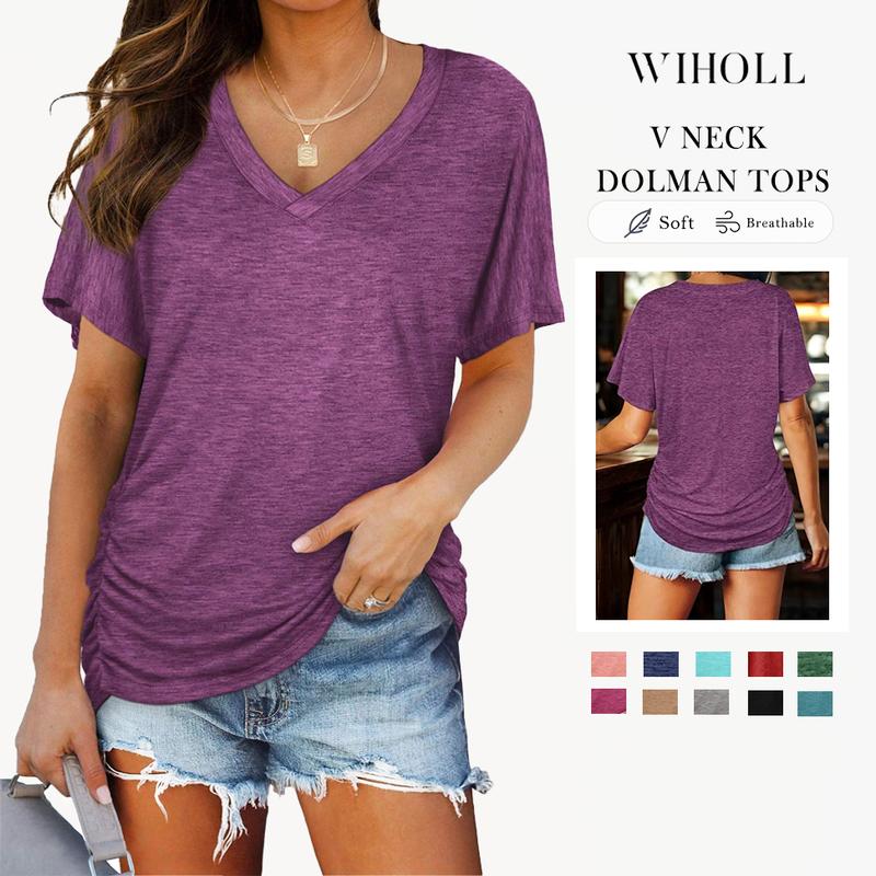 WIHOLL SwimWeek Womens Short Sleeve V Neck Dolman Tops with Side Shirring Loose Fit Shirts