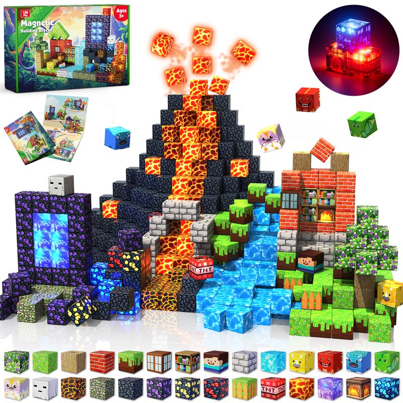 Magnetic Blocks - 150 PCS Dinosaur Volcano Forest Castle Set with Light Up Blocks - Kids Classroom Sensory Toy for Toddlers STEM, Construction Stacking Toy Kids 3+ Boys Easter Basket Stuffers