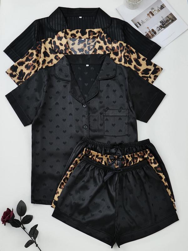 Fashion Six-Piece Women's Satin Pajama Set, Comfortable Summer Sleepwear, Button Top and Bow Front Shorts, Casual Fitted Style