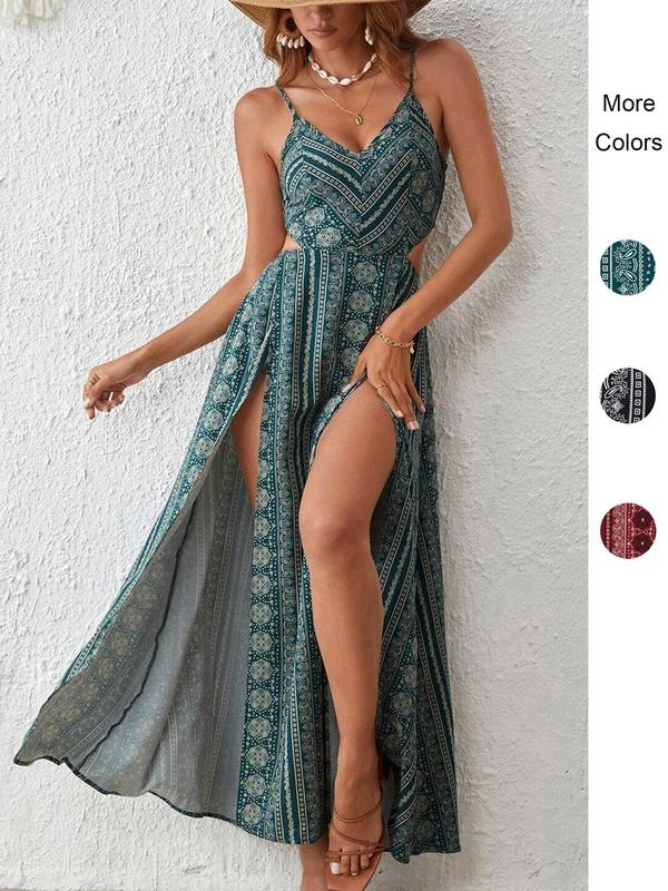 Women's Boho Print Striped Bodycon Dress, Split Thigh Backless Spaghetti Strap, Perfect for Beach Vacation & Layering