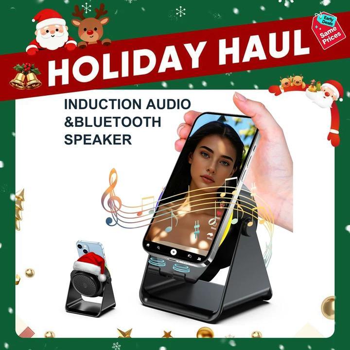 【FathersDayGift】Dohelly 5 IN 1 Wireless Induction Audio Bluetooth Speaker, 360° Rotation Stand with LED, Universal Speaker Stands for Surround Sound&Charger,Portable Desktop Stand Gift  for Home, Shower, Outdoors, Travel.