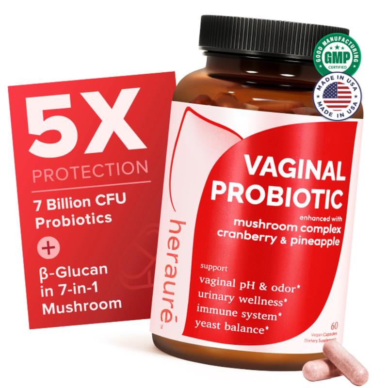 HerAuré Women’s Probiotics - pH Balance, Odor Control, Flora Health, Moistening, Tightening - With 7 Billion CFU Probiotic, Prebiotic, 7-in-1 Mushroom Blend, Cranberry, Pineapple - 60 Capsules (Pack of 1), Self-Care Gift,Summervibes