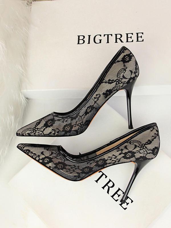 Women's Mesh Hollow Design with Contrast Lace Pointed Toe Stiletto Heeled, Stylish Elegant Classy High Heeled Dress Formal Shoes for Party, Perfect Footwear for Outfit Matching, Wedding Party Shoes
