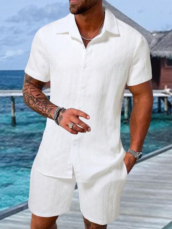 Men's Regular Fit Short Sleeve Pajama Two-piece Set, Casual Comfy Button Up Top & Shorts Pj Set, Men's Summer Sleepwear, Loungewear, Plain, Casual Loungewear Outfit