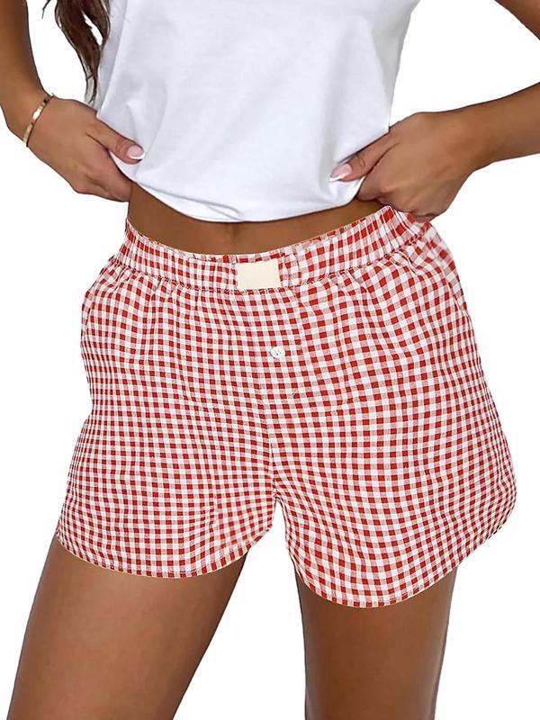 Women's Plaid Print Patched Decor Button Front Elastic Waist Shorts, Checkerboard Print Shorts, Casual Comfy Straight Leg Shorts for Summer, Ladies Bottoms for Daily Wear, Checkered Shorts, Loose Shorts