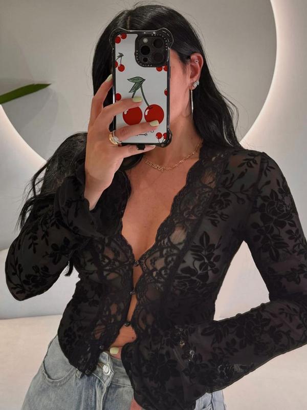 Women's Floral Pattern Sheer Mesh Crop Top, Casual Scallop Trim Flounce Long Sleeve V Neck Top, Ladies Clothes for Party Club, Womenswear