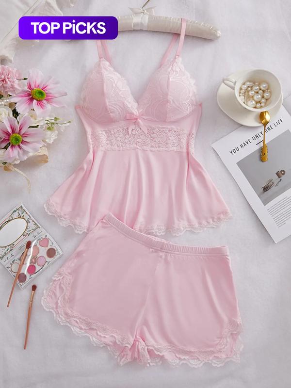 Women's Solid Color Lace Trim Cami Top & Shorts Pyjama Two-piece Set, Casual Comfy Soft Camisole & Shorts PJ Set Pajamas, Women's Sleepwear & Loungewear Homewear for All Seasons, Lingerie, Womenswear