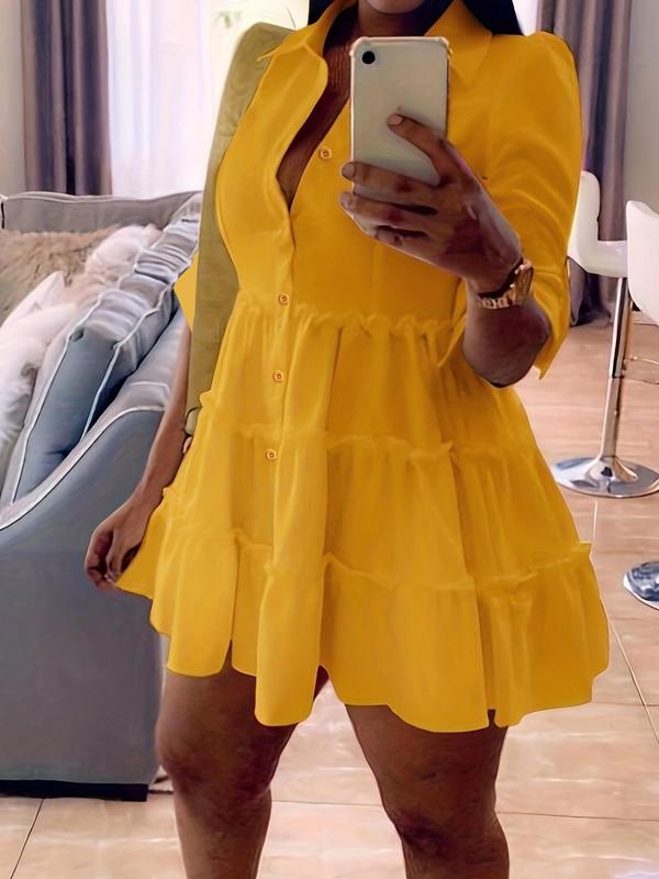 Women's Plain Collared Button Front Frill Trim Roll Up Sleeve Shirt Dress, Elegant Fashion Casual Chic Fitted Short Dress for Daily Outdoor Wear, Summer Dress, Women Dress for Spring & Fall, Womenswear