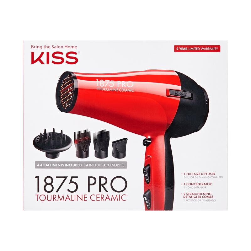 KISS Pro Tourmaline Ceramic Hair Dryer, 1875 Watts, 3 Heat Settings, 2 Speeds, Cool Shot Button, 2 Straightening Piks, 1 Concentrator, 1 Diffuser