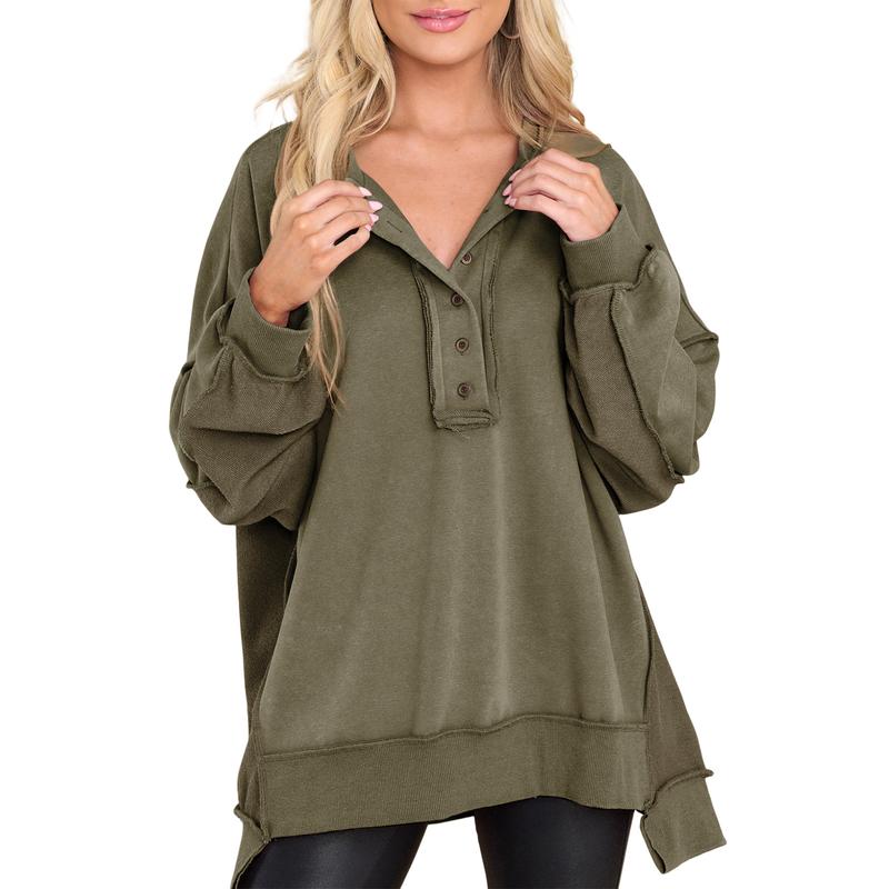 EVALESS Women's Oversized Button Henley Sweatshirts,Casual Long Sleeve Pullover Sweater,V Neck Solid Patchwork Tunic Tops,2026 Fashion Womenswear Fall Winter Outfits SwimWeek
