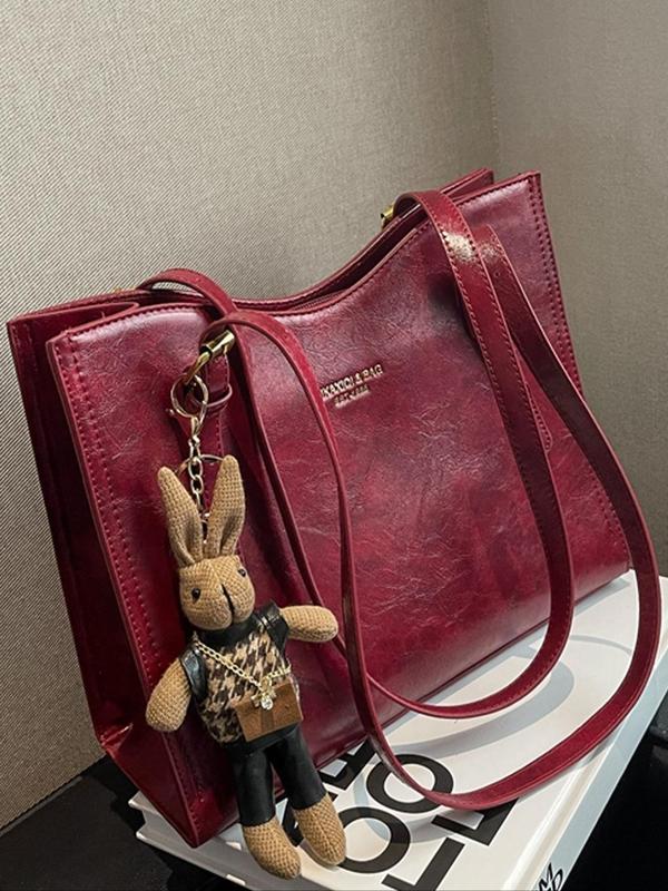 Mother's Day Gift, Women's Zipper Purse Tote Bag, Fashionable Solid Color Large Capacity Shoulder Bag with Rabbit Charm, Casual Handbag Satchel, Female Trendy for Work & Daily Used