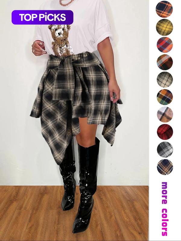 Women's Fashion Plaid Print Asymmetrical Hem High Waisted Skirt, Summer Clothes Women Casual Elastic Waist Tiered Layer Knee Length Skirt For Summer Going Out Streetwear