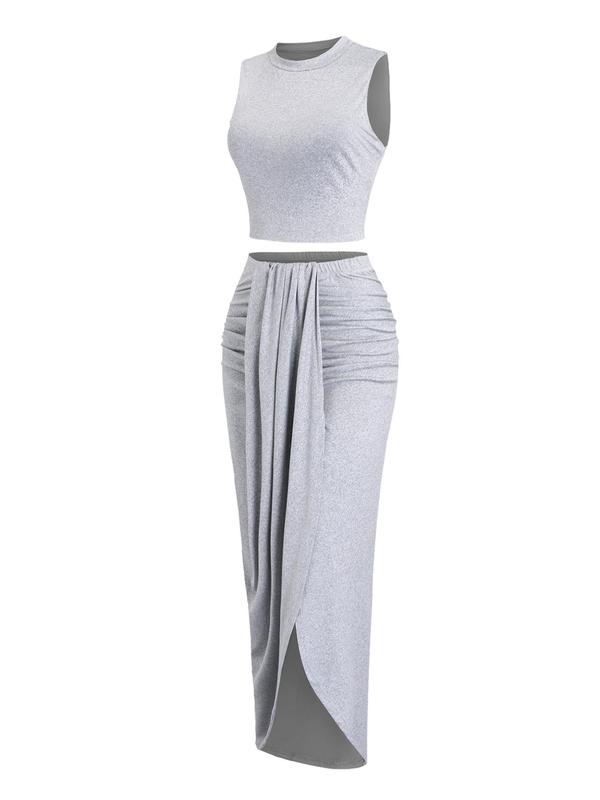 Women's Solid Jersey Crop Tank Top & Ruched Asymmetrical Hem Split Skirt Set, Casual Mock Neck Sleeveless Top & High-Waist Wrap Skirt, Cute Chic Summer Outfit