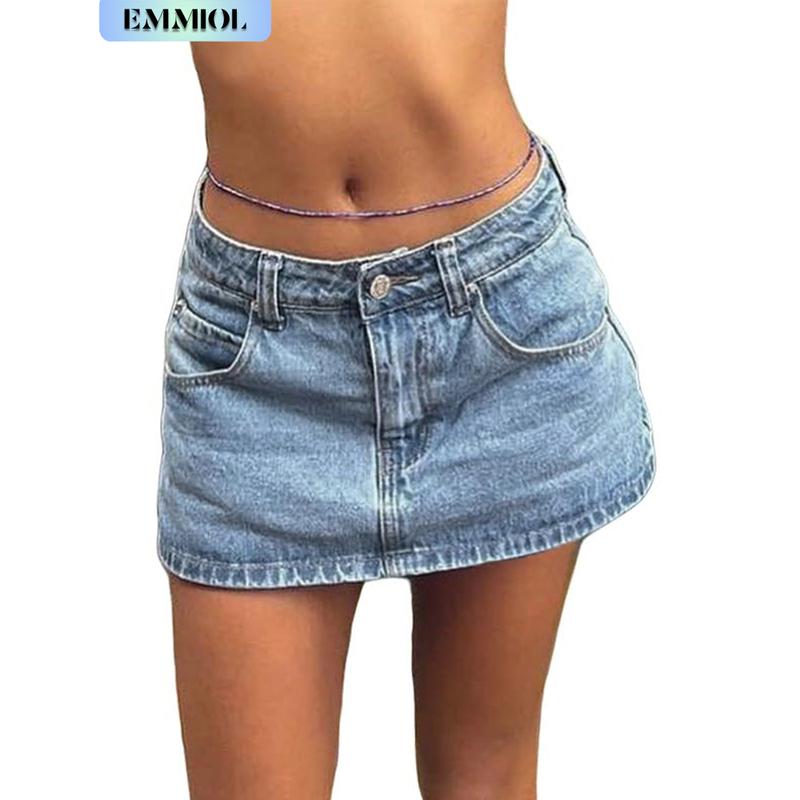 EMMIOL Low Waist Denim Skirt Skorts Mini Denim Shorts Bodycon Mini Jean Skirt Vintage Y2K Skirt for Women - Casual Style Regular Fit Above Knee Cotton Material Multi Belt Loops Chic Womenswear Machine Washable Summer vibes