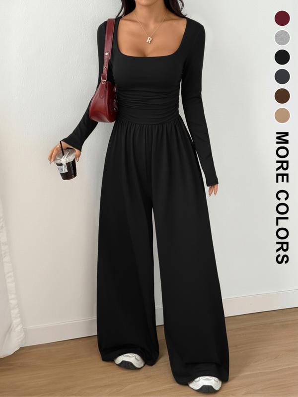 Women's Fall Winter Knit Fitted Wide Leg Jumpsuit, Casual Basic Fashion Plain Color Round Neck One-Piece, Versatile Long Sleeve Romper, Lady Womenswear