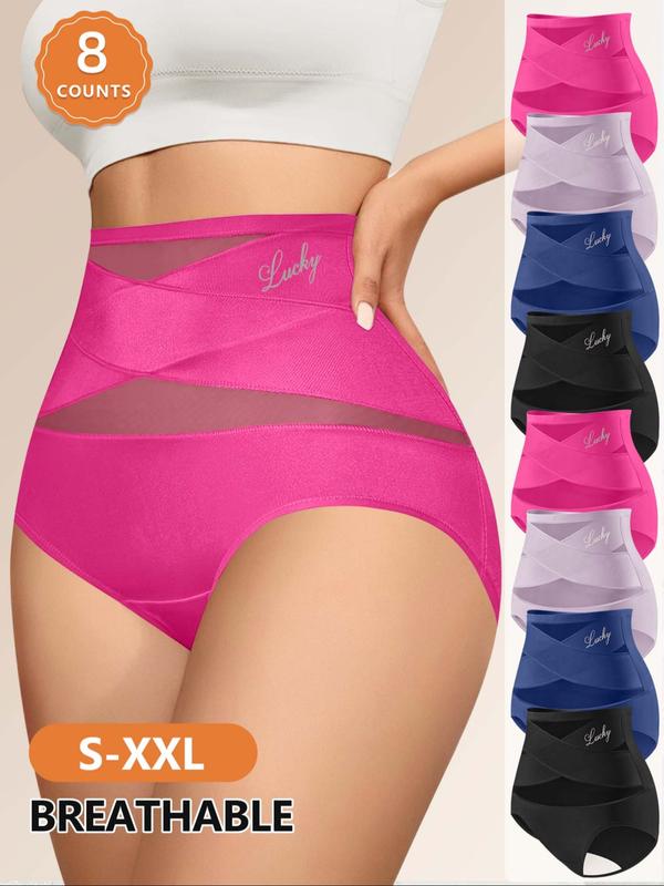 8 Pcs High Waist Women's Underwear Panties, Criss Cross Design, Breathable Mesh, Stretchy Comfort, Everyday, Sizes S-Xxxxl, All Seasons