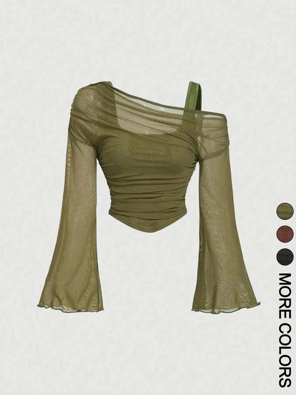 Women's Drop Shoulder Slim Fit Casual Long Sleeve Knit T-Shirt Knitwear, Fashionable Comfortable Autumn Top, Stylish Ladies' Everyday Clothing for Daily Wear