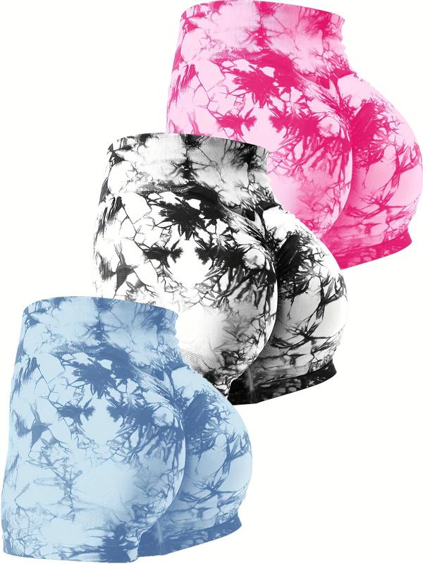 Women's 3pcs Tie Dye Print High Waist Sports Shorts, Casual Comfy Breathable High Stretch Yoga Leggings For Gym Workout Running, Ladies Summer Sportswear, Gym Clothing, Athletic Wear Shorts, Athleisure Shorts, Athleisure Street Shorts