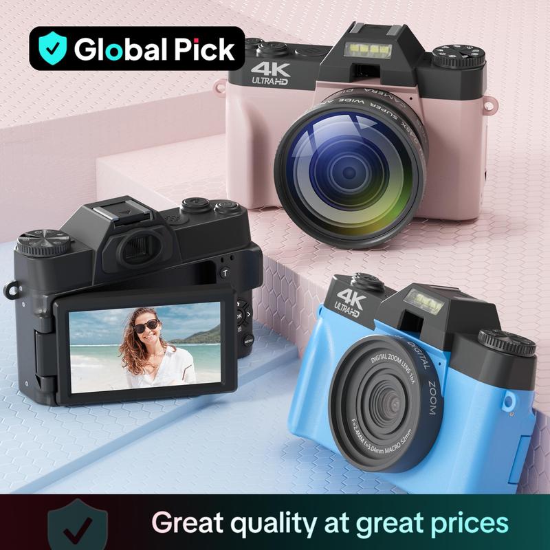 GLOBAL PICK 4K Digital Camera with 180Â° Flip Screen, 16X Digital Zoom Vlogging Camera, Autofocus Camera, Including Wide Angle & Macro Lens, 32GB TF Card, Ideal Gift Choice, Photographic Kit