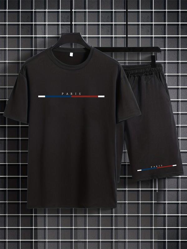 2 Pieces Two-Piece Set Men's Letter Graphic Shorts Set, Casual Stretchable Round Neck Short Sleeve Tee & Drawstring Pocket Shorts, Father's Day Gift, Trendy Summer Clothes for Daily Wear, Men's Clothing Outfits, Menswear