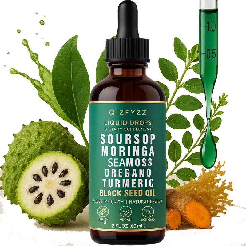 summervibes Qizfyzz Soursop Bitters Liquid Drops 10-in-1 with Nori Moringa Turmeric Black Seed Oil Oregano Ashwagandha Herbal Extracts for Overall Health Vegan Non-GMO 2 fl oz