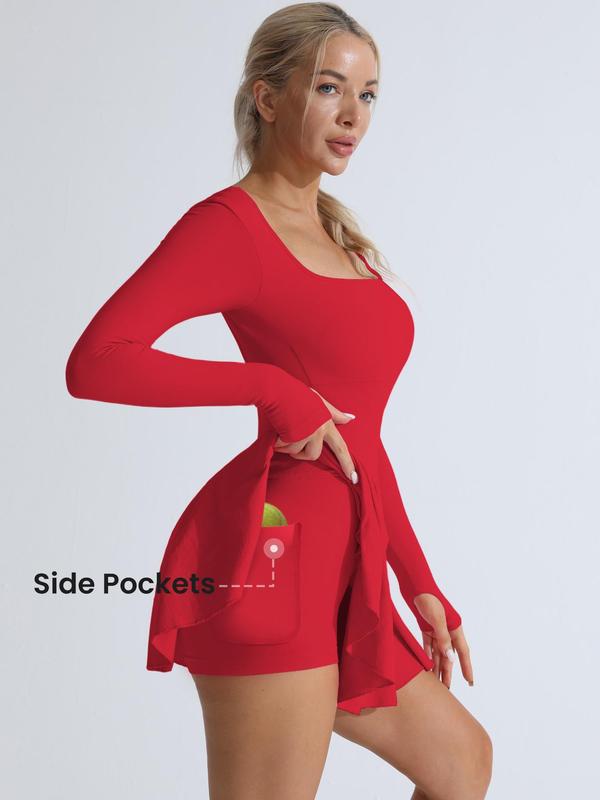 Women's Solid Criss Cross Backless 2 in 1 Sports Dress, Long Sleeve Square Neck Tennis Dress, Ladies Sportswear for Indoor Outdoor Wear