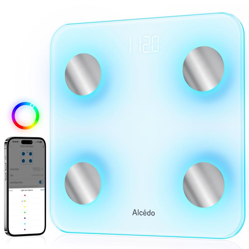 Alcedo Smart Scale for Body Weight, 7-Color Glowing Bluetooth Digital Bathroom Scale for BMI and Body Fat, Body Composition Monitor with Smartphone App