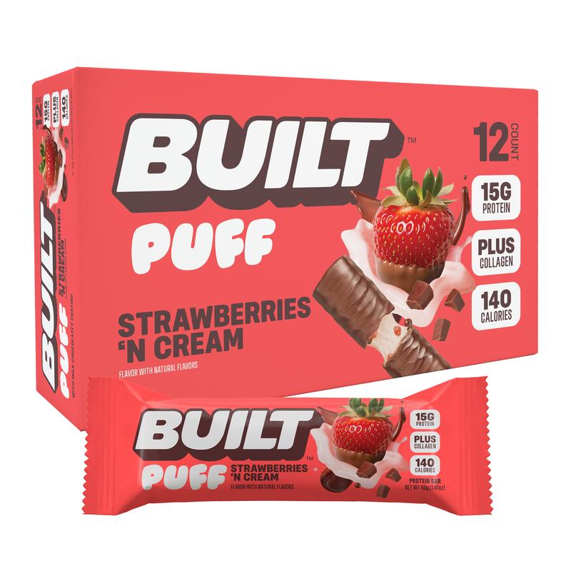 Official BUILT Bar, Puff Protein Bar Snack, Strawberries 'N Cream Puff, 15g Protein, 140 Calories, Collagen, Gluten Free, 12 Count Box