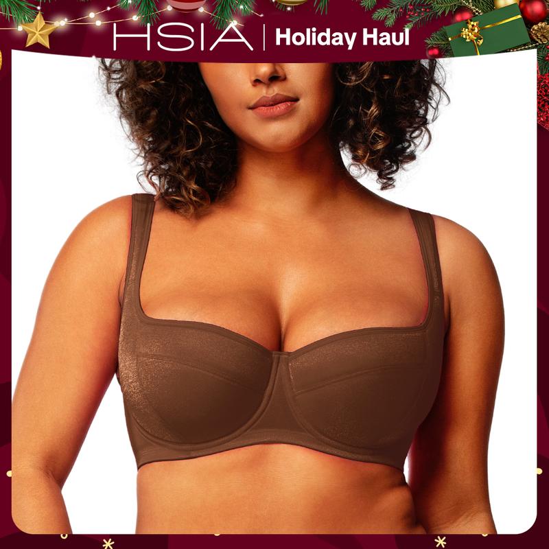 HSIA Starry Night Plus Size 4mm Lightly Padded Balconette Bra Underwire Lifting Support Glass Shimmer Fabric Enhanced 0.5-1 Cup Size U Shaped Back Smoothing Wider Padded Straps Sexy Demi Low Cut Natural Push Up for Big Bust Women