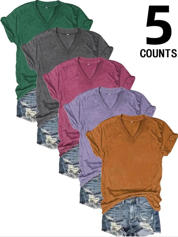 Women's Solid Short Sleeve V Neck Fitted Tee, Casual Basic Minimalist T-shirt for Summer, Fashion Women's Top for Daily Wear