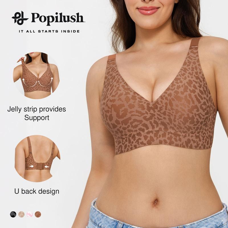Popilush Wireless No Underwire Leopard Print Jelly Bra Everyday Adjustable Comfort Push Up Seamless T-Shirt Bra Fit Minimalist Fabric Womenswear Soft Fit Smooth Yarn Basic Lady Underwear Summervibe