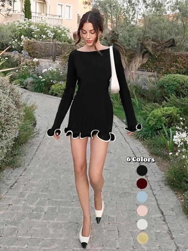 Women's Elegant Long Sleeve Colorblock Knit Dress, Spring & Fall Fashion A-Line Skirt, Contrast Binding Design