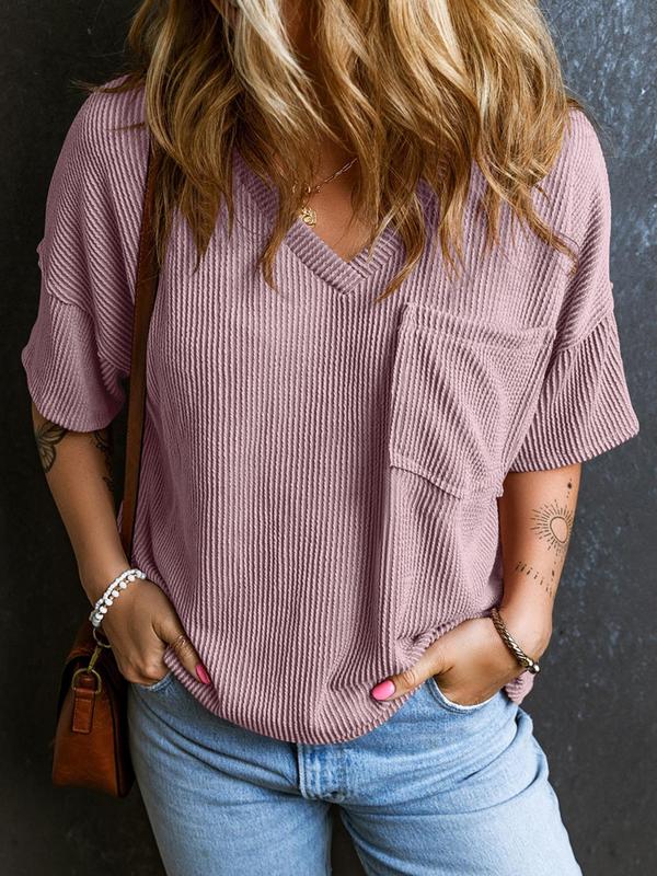 Women's Plain Textured Pocket V Neck Tee, Casual Drop Shoulder Half Sleeve T-Shirt for Summer, Ladies Clothes for Daily Wear, Casual Fashionable Top, Cute Tops