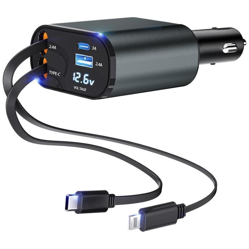 VANOTOM Retractable Car Charger, 4 in 1 Fast Car Phone Charger 100W, Retractable Cables and USB Car Charger,Compatible with iPhone 15/14/13/12/11,Galaxy,Pixel