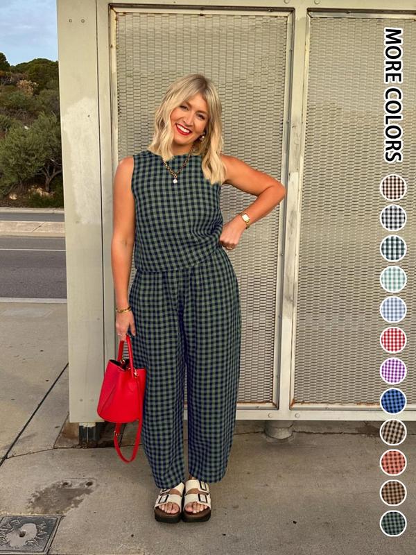 Summer New Women's 2 Piece Set Womenswear Cotton Plaid Sleeveless Crop Top Loose Fit Pocket Nine-Tenths Pants, Beach Vacation Casual Daily Wear