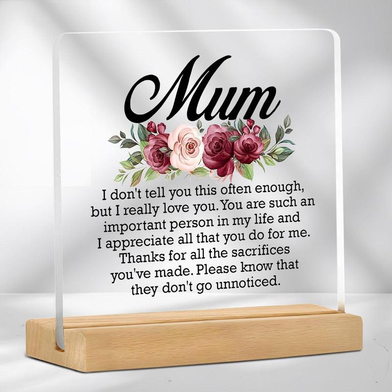 Floral & Letter-Pattern Acrylic Desk Plaque, Novelty Desk Decor, Thank You Gift for Mom, Desktop Decorative Ornament for Home Room and Office, Desk Signs Ornament
